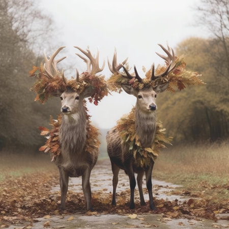 two deer in a wreath of autumn leaves on a foggy dayの素材