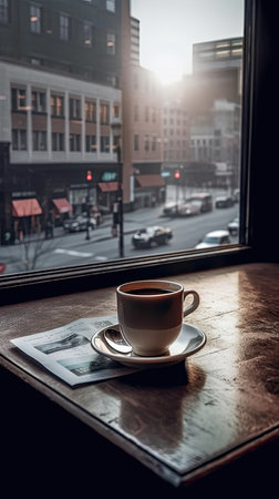 Coffee cup on wooden table in front of window with city viewの素材