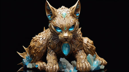 Golden statuette of a cat on a black background with blue crystalsの素材