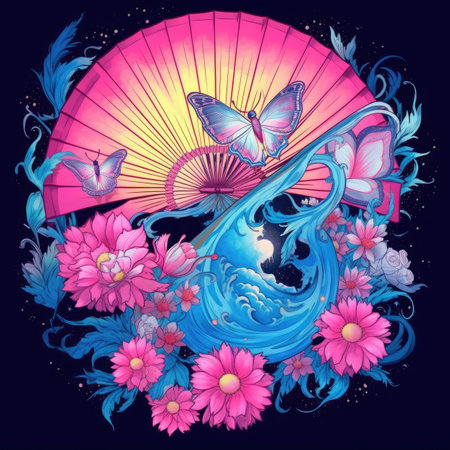 Illustration of a dragon and butterflies on the background of the seaの素材