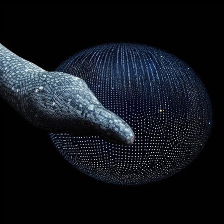 a human hand touching the planet earth on a dark backgroundの素材
