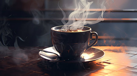 Cup of hot coffee with smoke on the table in a cafeの素材