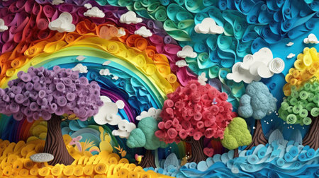 a rainbow background with a lot of trees and cloudsの素材