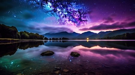 Beautiful night landscape with starry sky and milky way over lakeの素材
