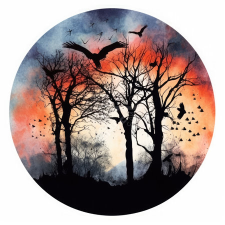 Halloween background with tree silhouettes and birds.の素材