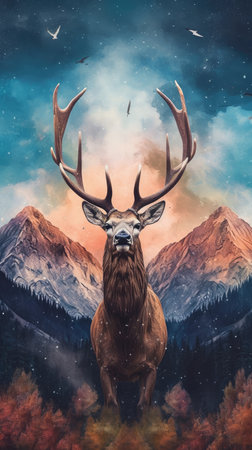 a large male deer with large antlers on the background of the mountains.の素材