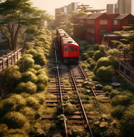 Train moving on the rails in the city.の素材