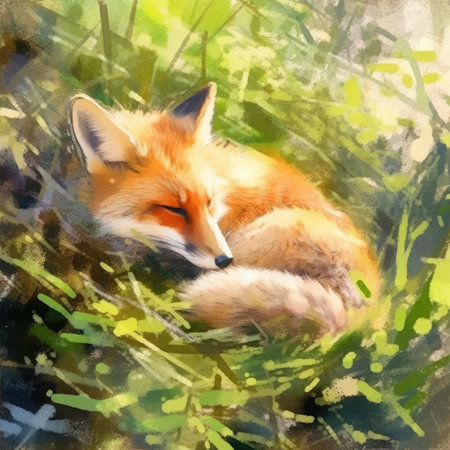 Watercolor red fox lying on the grass in the forestの素材