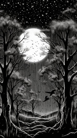 Halloween night landscape with full moon and tree.の素材