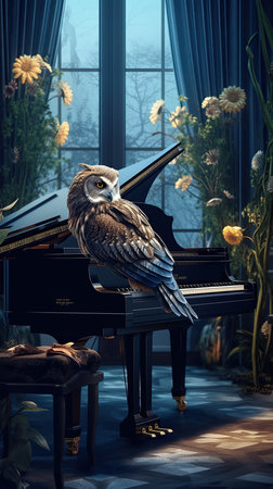 Owl sitting on a piano with a large window in the backgroundの素材