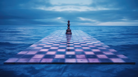 a chessboard in the sea with a blue skyの素材