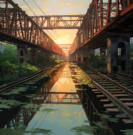 Railway bridge over the river at sunset.の素材