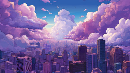 Modern cityscape with skyscrapers and cloudy sky.の素材