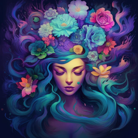 Portrait of a beautiful girl with long hair and colorful flowers.の素材