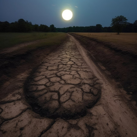 Dirt road in the field at night with full moon background.の素材