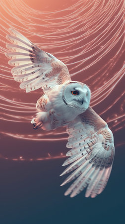 Snowy owl flying in the night sky.の素材