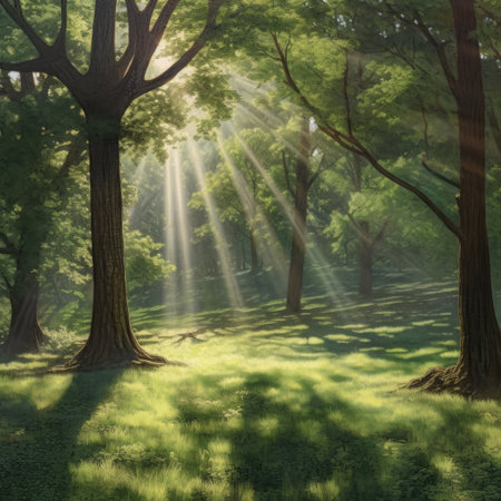 Sunbeams in the forest with green grass and trees.の素材
