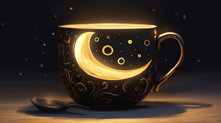 Coffee cup with golden moon and starsの素材