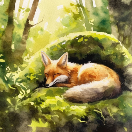Watercolor fox in the forest.の素材