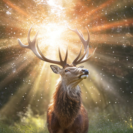 Portrait of a red deer with big antlers on a background of the sun.の素材