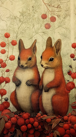 Two squirrels sitting on a branch of rowan and red berriesの素材