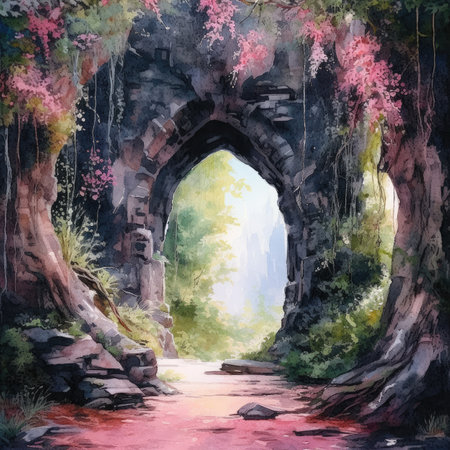 Watercolor stone arch in the forest. The entrance to the forest.の素材