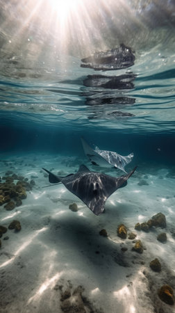 Manta ray swimming underwater in the caribbean sea of Belizeの素材