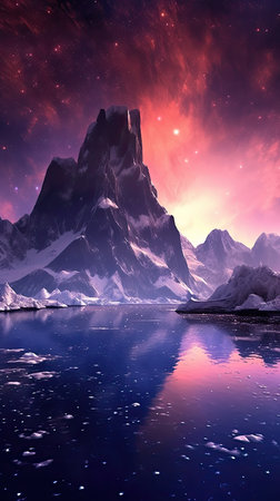 Fantasy landscape with mountains and lake.の素材