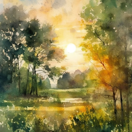 Watercolor Sunset in the park. Nature background.の素材
