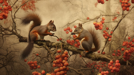 Two squirrels on a branch with rowan berries. Vintage style.の素材