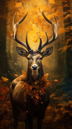 Portrait of a deer with large antlers in autumn forest.の素材