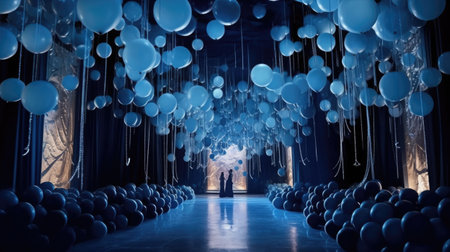Conceptual image with blue balloons in a dark room.の素材