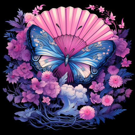 Beautiful butterfly and flowers on black background.の素材