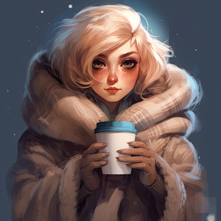Illustration of a beautiful girl in a winter coat with a cup of coffeeの素材