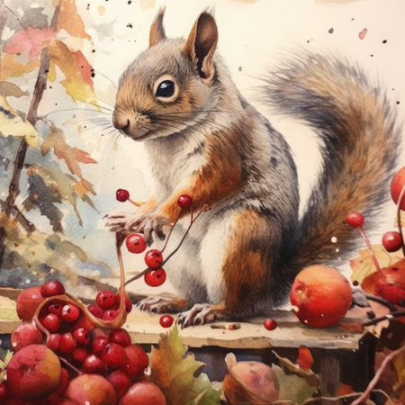 Watercolor Squirrel in autumn forest.の素材