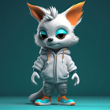 Funny cartoon fox in a white jacket and sneakers.の素材