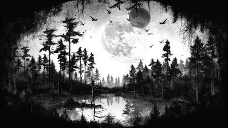Halloween background with full moon, bats and trees in the forestの素材