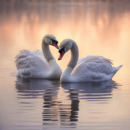 Two white swans swimming on the lake at sunset. Beautiful couple of swans swimming on the lake.の素材