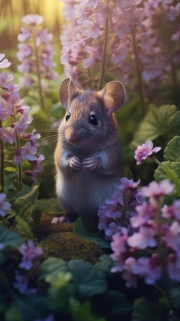 Cute little hamster on a background of pink flowers in the forestの素材