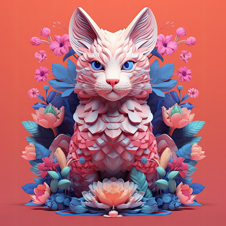 Illustration of a cute fox with flowers on a red background.の素材