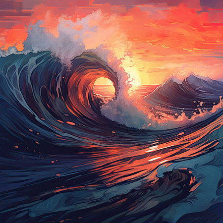 Ocean wave at sunset. Vector illustration of a beautiful sea wave.の素材