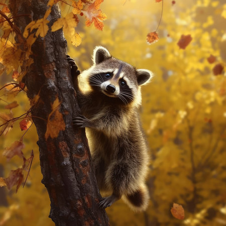 Raccoon climbing a tree in the autumn forestの素材