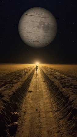 Man walking towards the full moon in the desert.の素材