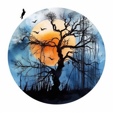 Watercolor autumn landscape with trees, bats and moon.の素材