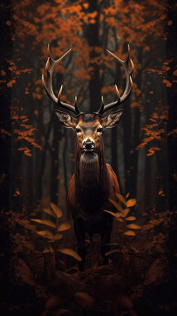 Red deer stag with antlers in autumn forest.の素材