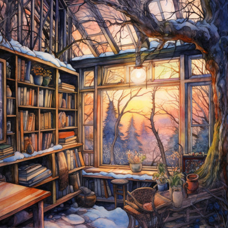a cozy living room with a view of the winter forest.の素材