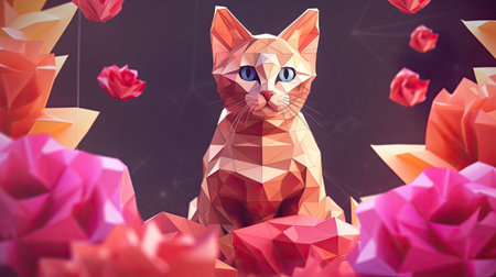 Low poly origami cat with paper flowers.の素材