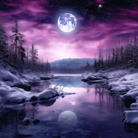 Fantasy landscape of winter forest lake at night in full moon lightの素材