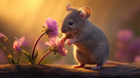 Cute little gray hamster with flowers on a dark background.の素材
