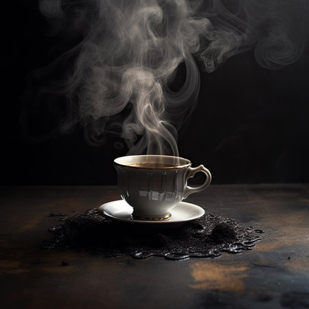 Cup of coffee with smoke on dark background.の素材
